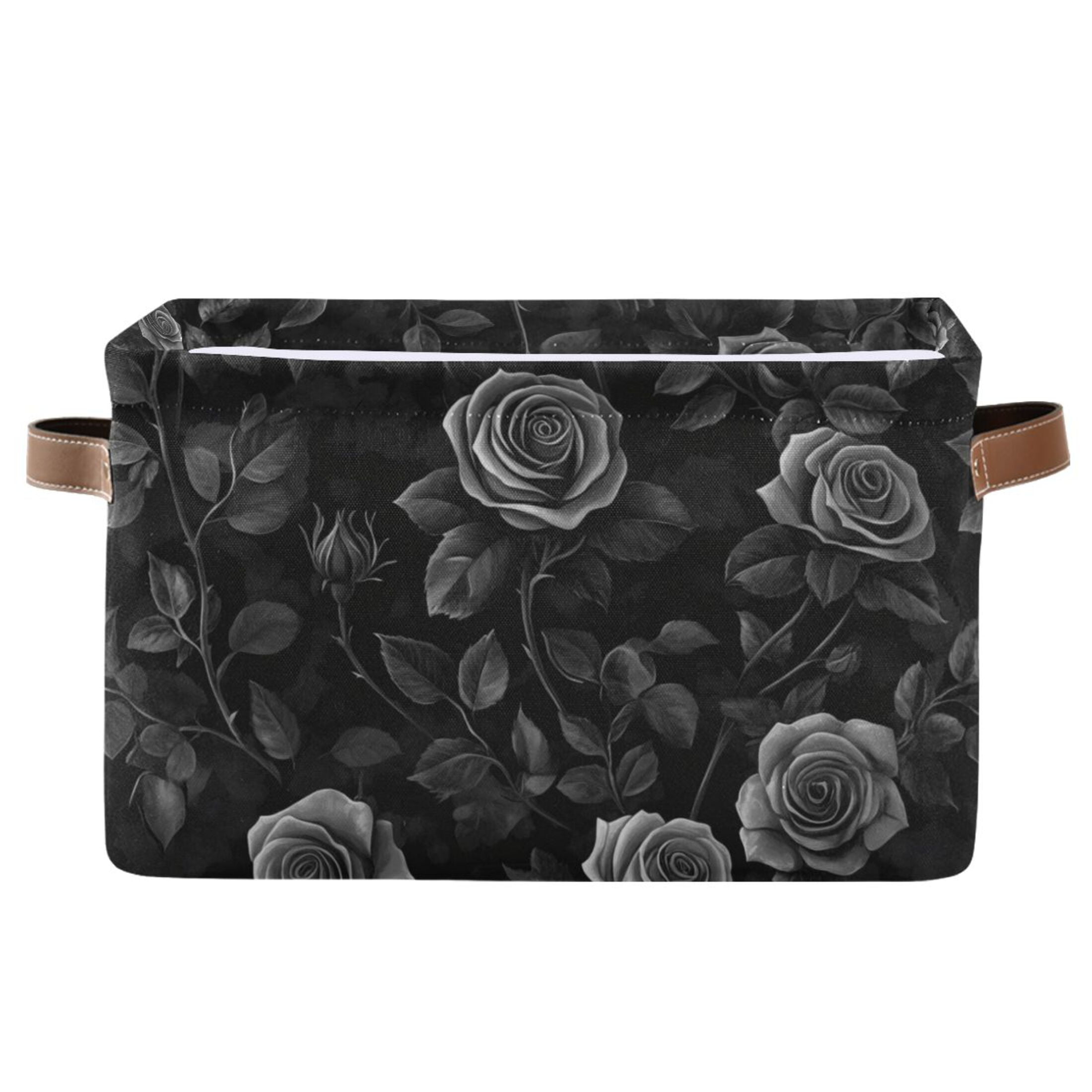 WOBOGO Black Rose Square Storage Basket with Waterproof Canvas and PE Lining Durable PU Leather Handles 14.2×10.2×8.3in
