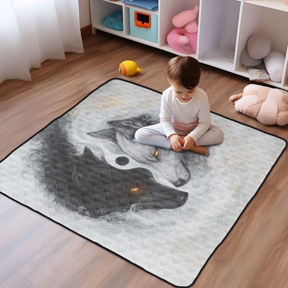 WOBOGO Black White Wolf Pattern Baby Playmats Extra Large Waterproof Rollable Activity Pads for Toddlers 5050inch
