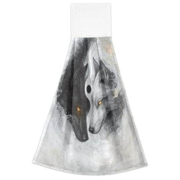 WOBOGO Black White Wolf Pattern Hand Towel Set of 2 Absorbent for Kitchen and Bathroom With Velcro Hanging Loop 18.2×14in