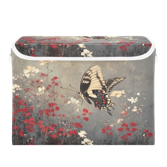 WOBOGO Black and White Butterfly Large Collapsible Storage Box Flip Lid Fabric Decorative Organizer Container Basket with Handles 16.512.611.8in