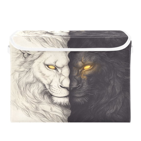 WOBOGO Black and White Lion Large Collapsible Storage Box Flip Lid Fabric Decorative Organizer Container Basket with Handles 16.512.611.8in