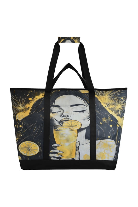 Blackhair Lass Tote Cooler Bag Fold Flat Insulated Shopping Bag With Zipper For Work Picnic Beach Use 186.724in