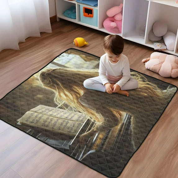 WOBOGO Blonde Lass Playing The Piano Baby Playmats Extra Large Waterproof Rollable Activity Pads for Toddlers 50×50inch