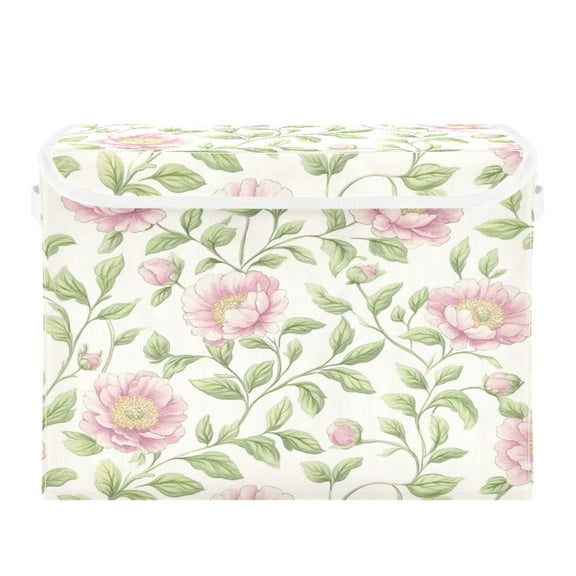 WOBOGO Blooming Pink Peonies Large Collapsible Storage Box Flip Lid Fabric Decorative Organizer Container Basket with Handles 16.512.611.8in