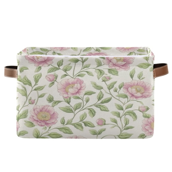 WOBOGO Blooming Pink Peonies Square Storage Basket with Waterproof Canvas and PE Lining Durable PU Leather Handles 14.2×10.2×8.3in
