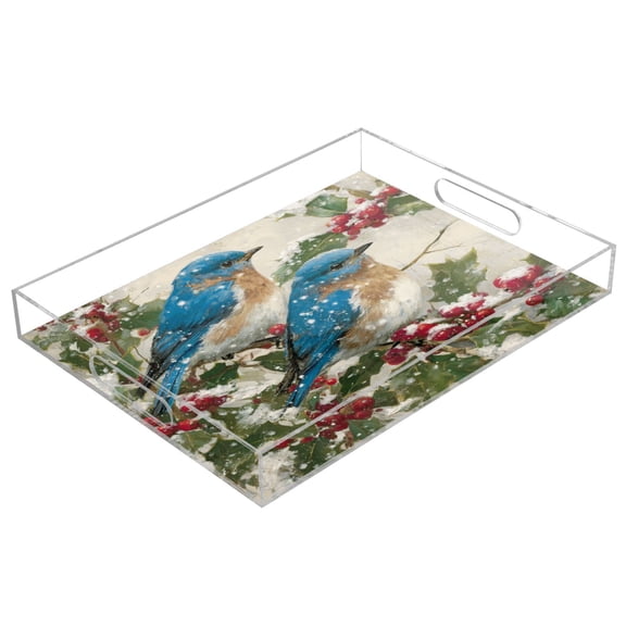 WOBOGO Blue Birds Acrylic Serving Trays 15.7x11.8 Inch Spill Proof Clear Decorative Organizer with Handle
