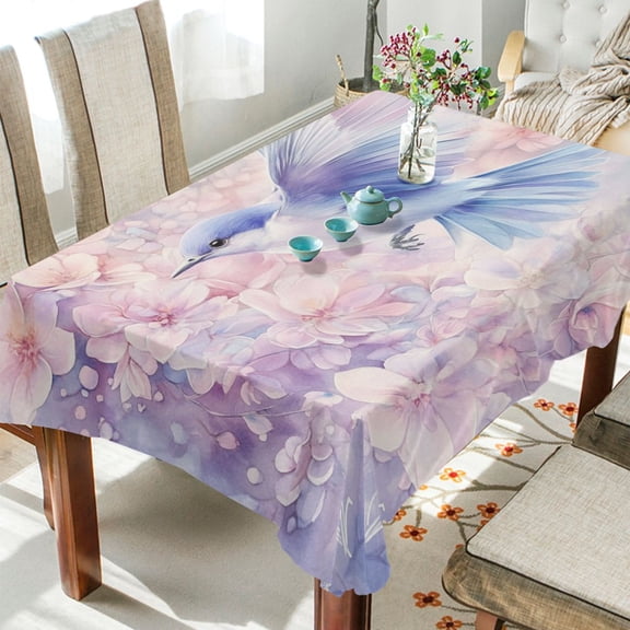 WOBOGO Blue Birds Pink Flowers Square Tablecloth 54×72in Polyester Fabric Tablecloth Washable Dust Resistant Wrinkle Resistant