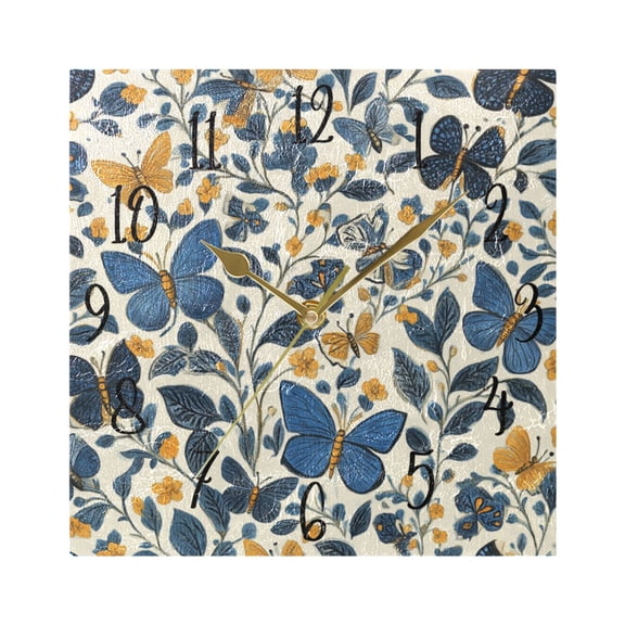 WOBOGO Blue Butterflies Pattern Wall Clock 7.78 Inch Battery Operated Silent Unit Square Rustic Vintage Style for Home Bedroom Office Gold Pointer
