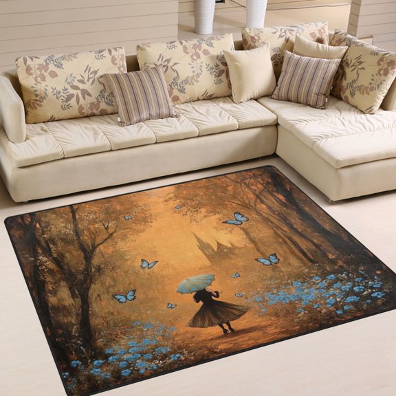 WOBOGO Blue Butterfly Forest Carpet Non-Slip Rugs Soft Doormat 80×58in Living Dining Room Bedroom Decorative