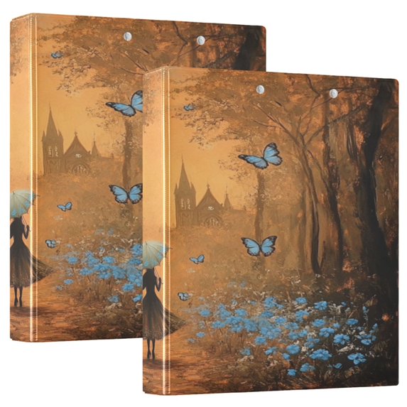 WOBOGO Blue Butterfly Forest File Folders Extra Large Capacity to Hold 200 Sheets of Documents Hard Shell Ring Binder for School Home Office