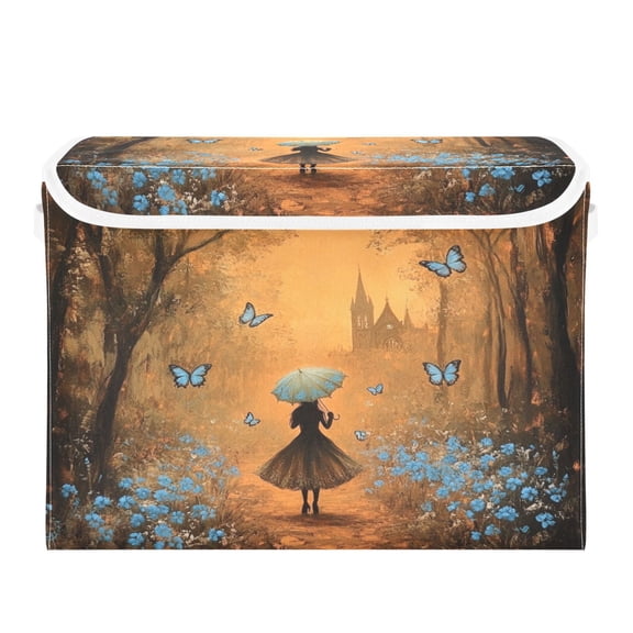 WOBOGO Blue Butterfly Forest Large Collapsible Storage Box Flip Lid Fabric Decorative Organizer Container Basket with Handles 16.512.611.8in