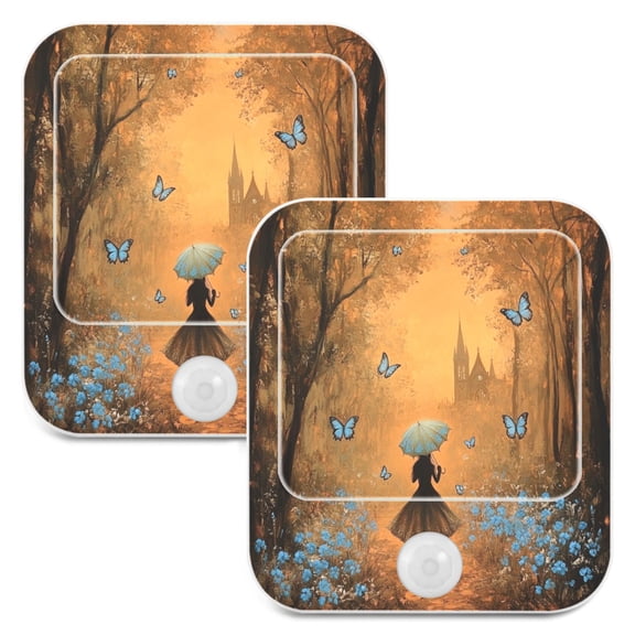 WOBOGO Blue Butterfly Forest Night Light Lamp with Smart Sensor Dusk to Dawn Sensor 0.6W Plug-in 2-Pack