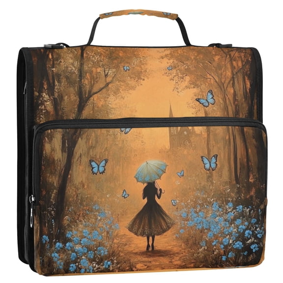 WOBOGO Blue Butterfly Forest Ring Binder Bag 1.5in Folder Organizer with Shoulder Strap for 13Inch Laptop and 500 Sheets of Paper
