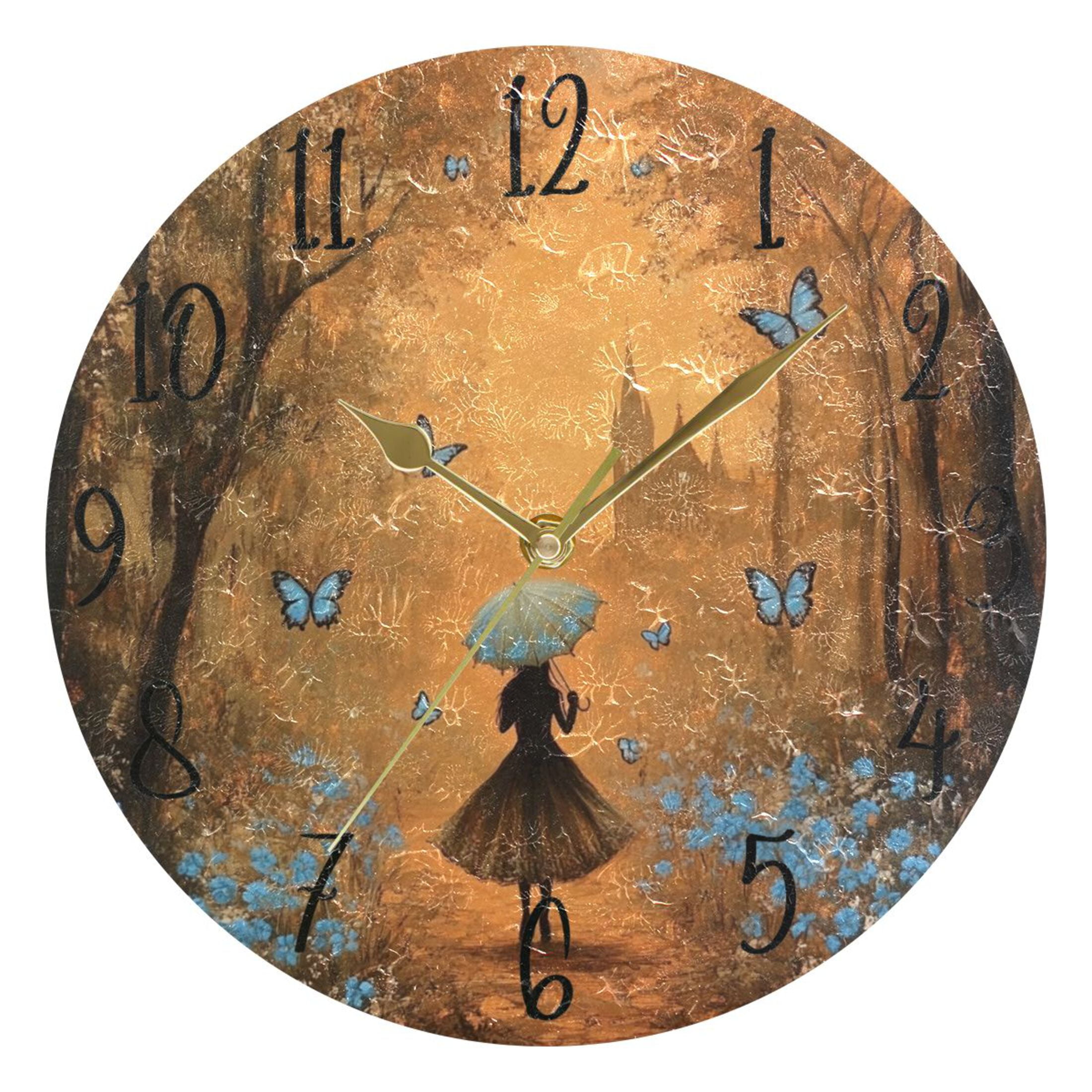 WOBOGO Blue Butterfly Forest Wall Clock 10in Silent Mechanism Battery ...