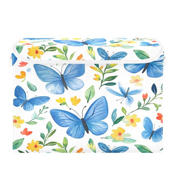 WOBOGO Blue Butterfly Large Collapsible Storage Box Flip Lid Fabric Decorative Organizer Container Basket with Handles 16.512.611.8in