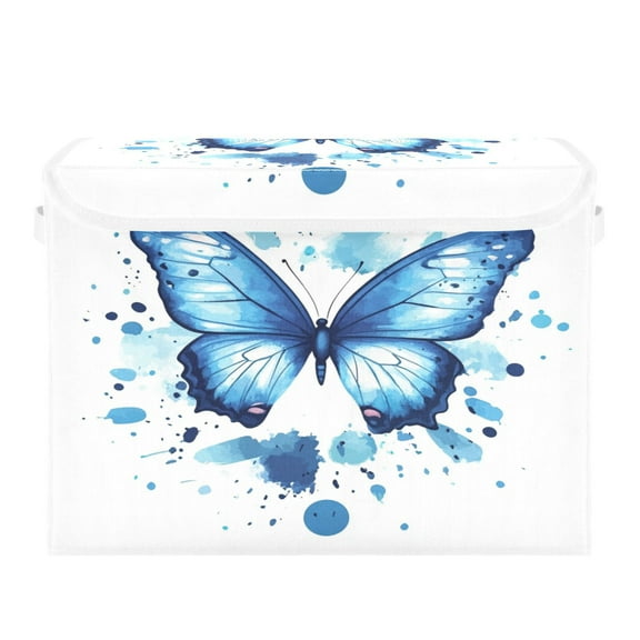 WOBOGO Blue Butterfly Large Collapsible Storage Box Flip Lid Fabric Decorative Organizer Container Basket with Handles 16.512.611.8in