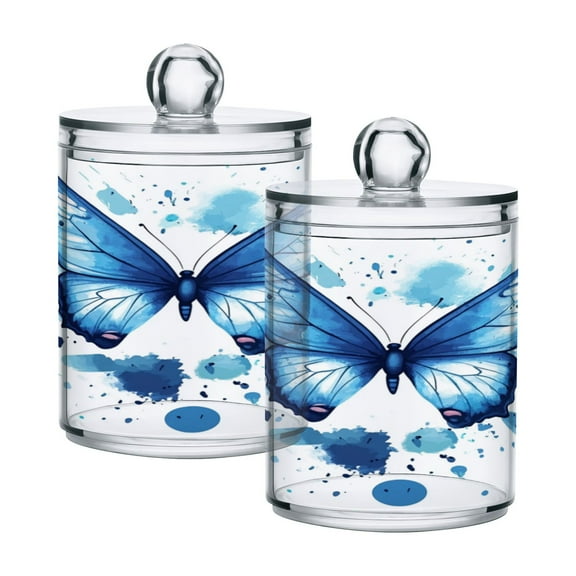 WOBOGO Blue Butterfly Transparent Plastic Jar 2pcs Cotton Swabs Balls Pads Floss Stick Dispenser Bathroom Vanity Storage Organizer
