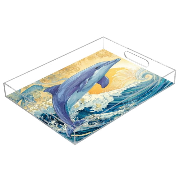 WOBOGO Blue Dolphin Acrylic Serving Trays 15.7x11.8 Inch Spill Proof Clear Decorative Organizer with Handle