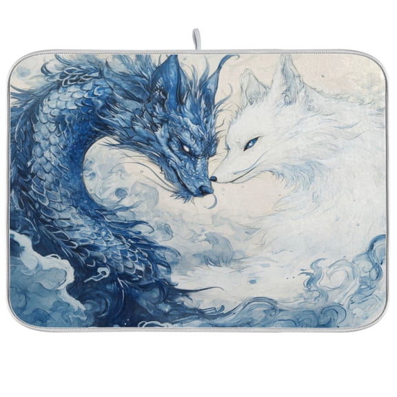 WOBOGO Blue Dragon and White Fox Kitchen Drying Mat Heat Resistant Drainage with Non-Slip Rubber Backing Hides Stains Super Absorbent Easy to Clean 16×18in