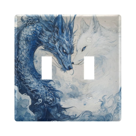 WOBOGO Blue Dragon and White Fox 2-hole Switch Plates PC Flame Retardant Plastic Material Glossy Finish Smooth Touch 4.56x4.48x0.27in