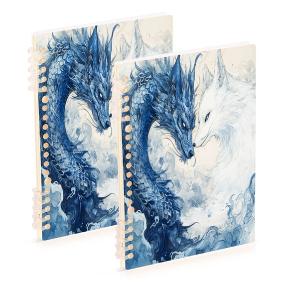 WOBOGO Blue Dragon and White Fox Notebook College Horizontal Grid Paper Ink Spill Resistant Water Resistant Cover 8.3x5.7x0.4in