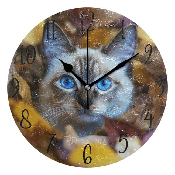 WOBOGO Blue Eyes Cat Wall Clock 10in Silent Mechanism Battery Operated Retro Style for Living Room Bedroom and Kitchen Black Pointer