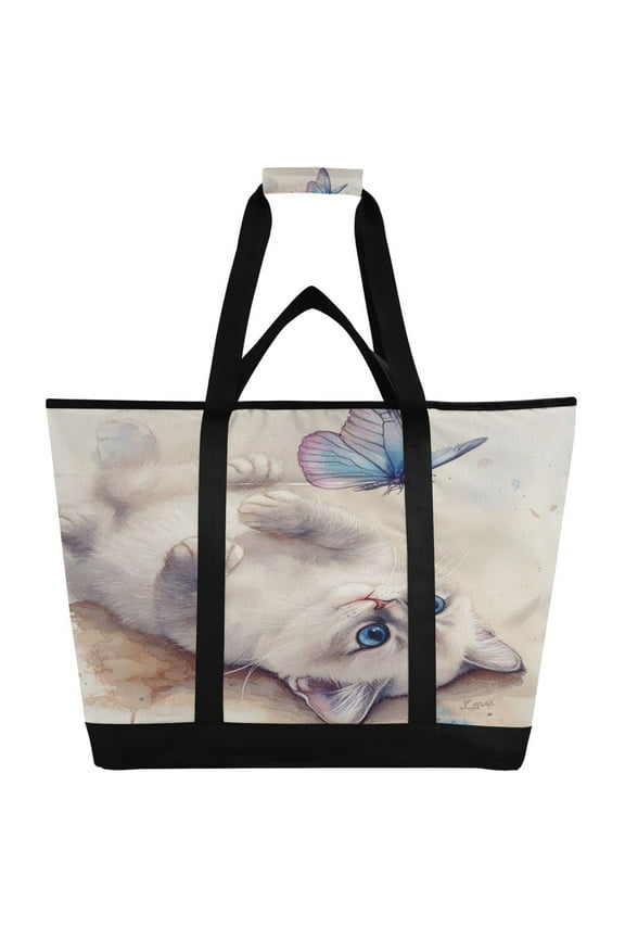 Blue Eyes Ragdoll Cat Tote Cooler Bag Fold Flat Insulated Shopping Bag With Zipper For Work Picnic Beach Use 186.724in