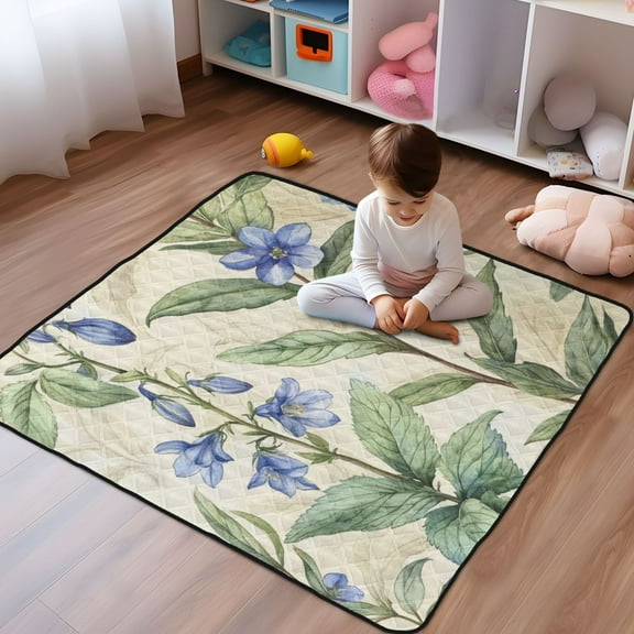 WOBOGO Blue Flowers Baby Playmats Extra Large Waterproof Rollable Activity Pads for Toddlers 5050inch