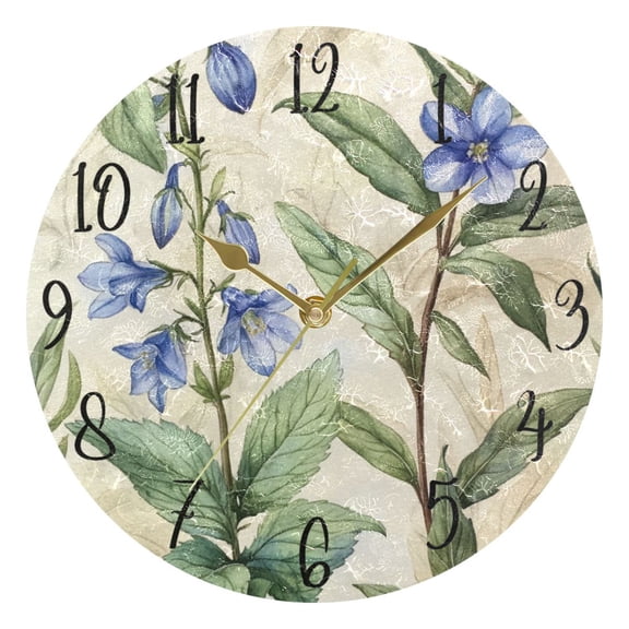 WOBOGO Blue Flowers Wall Clock 10in Silent Mechanism Battery Operated Retro Style for Living Room Bedroom and Kitchen Gold Pointer