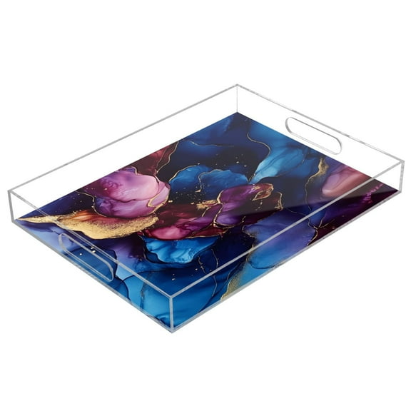 WOBOGO Blue Gilt Marbles Acrylic Serving Trays 15.7x11.8 Inch Spill Proof Clear Decorative Organizer with Handle