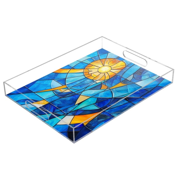WOBOGO Blue Glass Sun Pattern Acrylic Serving Trays 15.7x11.8 Inch Spill Proof Clear Decorative Organizer with Handle