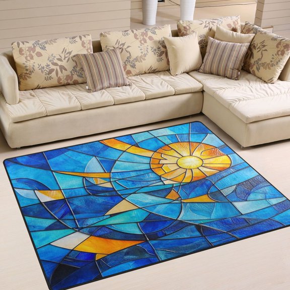 WOBOGO Blue Glass Sun Pattern Carpet Non-Slip Rugs Soft Doormat 63×48in Living Dining Room Bedroom Decorative