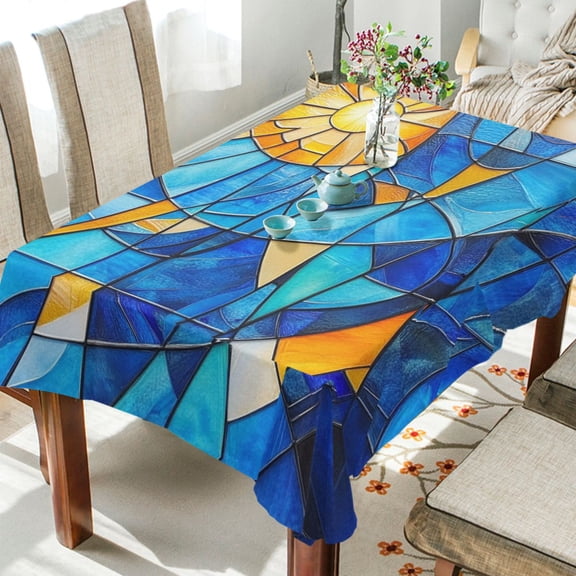 WOBOGO Blue Glass Sun Pattern Square Tablecloth 54×54in Polyester Fabric Tablecloth Washable Dust Resistant Wrinkle Resistant