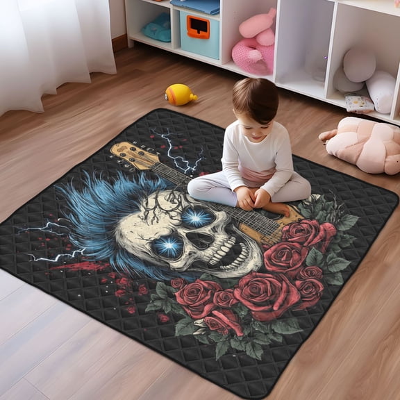 WOBOGO Blue Hair Skull Guitar Pattern Baby Playmats Extra Large Waterproof Rollable Activity Pads for Toddlers 5050inch