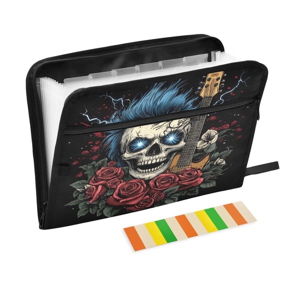 WOBOGO Blue Hair Skull Guitar Pattern Expanding File Folder Letter Size Accordion Filing Organizer 13 Pocket Separate Organ Pocket
