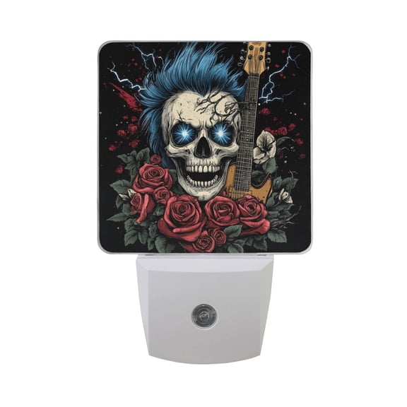 WOBOGO Blue Hair Skull Guitar Pattern LED Night Light 2 Pcs Set 0.5 Watt Wall Plug in Dusk to Dawn Automatic Switch Soft White Light
