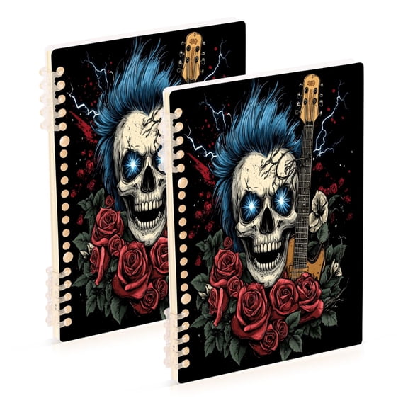 WOBOGO Blue Hair Skull Guitar Pattern Notebook College Horizontal Grid Paper Ink Spill Resistant Water Resistant Cover 8.3x5.7x0.4in