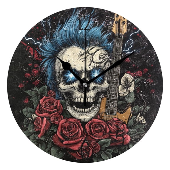 WOBOGO Blue Hair Skull Guitar Pattern Wall Clock 10in Silent Mechanism Battery Operated Retro Style for Living Room Bedroom and Kitchen Black Pointer