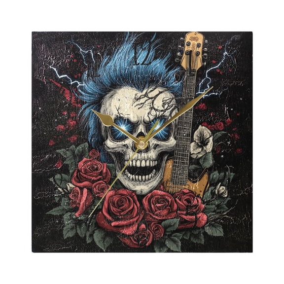 WOBOGO Blue Hair Skull Guitar Pattern Wall Clock 7.78 Inch Battery Operated Silent Unit Square Rustic Vintage Style for Home Bedroom Office Gold Pointer