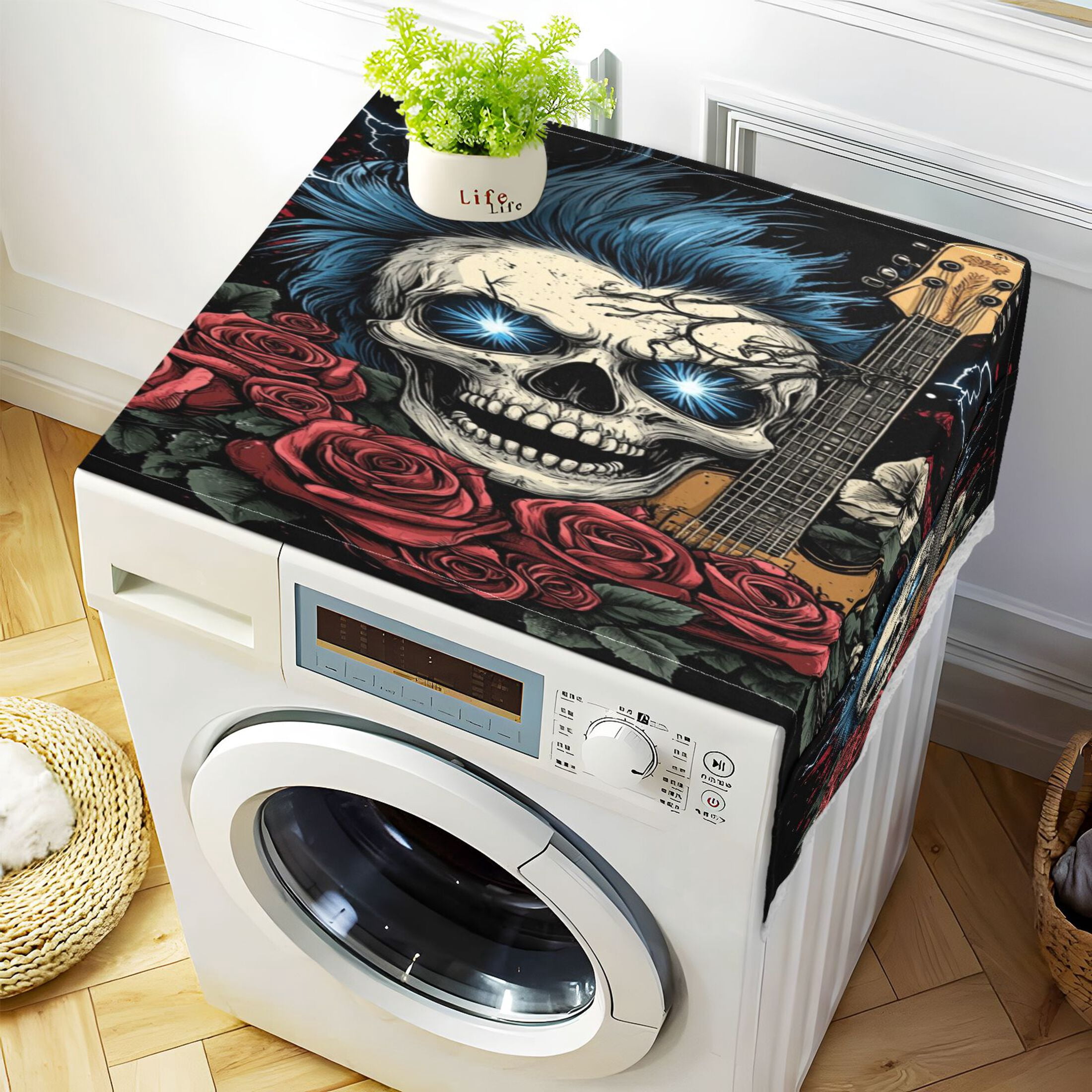 WOBOGO Blue Hair Skull Guitar Pattern Washing Machine Cloth Dryer Refrigerator Top Cover Protective Non-Slip Mat For Kitchen Laundry
