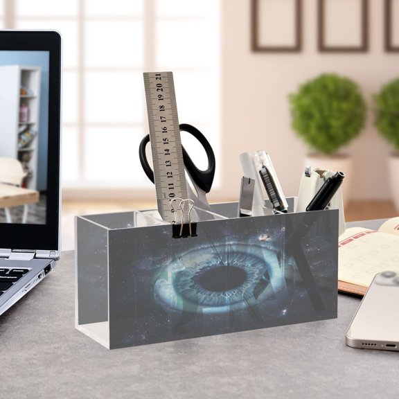 WOBOGO Blue Iris Pattern Acrylic Pen Holder 4 Compartments Clear Pencil Organizer Makeup Brush Storage Case