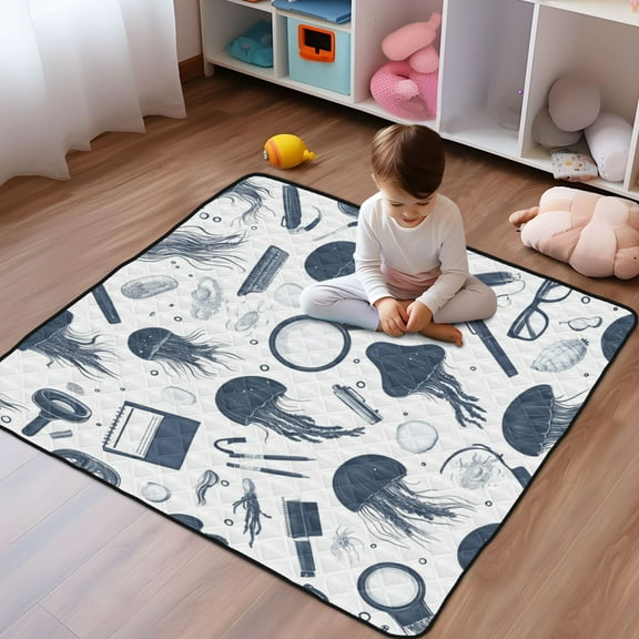 WOBOGO Blue Jellyfish Pattern Baby Playmats Extra Large Waterproof Rollable Activity Pads for Toddlers 5050inch