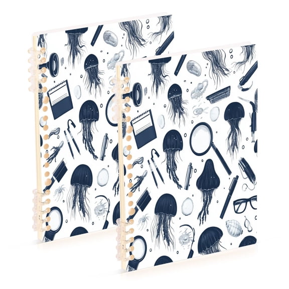 WOBOGO Blue Jellyfish Pattern Notebook College Horizontal Grid Paper Ink Spill Resistant Water Resistant Cover 8.3x5.7x0.4in