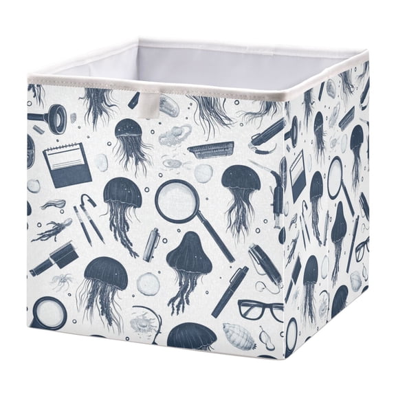 WOBOGO Blue Jellyfish Pattern Storage Basket Foldable Easy to Clean Durable with Hollow Support Plate with Handle 11.02×11.02×11.02 in