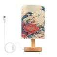 thumbnail image 1 of WOBOGO Blue Magpie Bedroom Table Lamp USB Power Connector Wooden Base Round Linen Shade For Living Room Desk, 1 of 7
