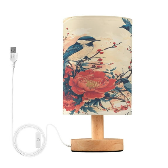 WOBOGO Blue Magpie Bedroom Table Lamp USB Power Connector Wooden Base Round Linen Shade For Living Room Desk