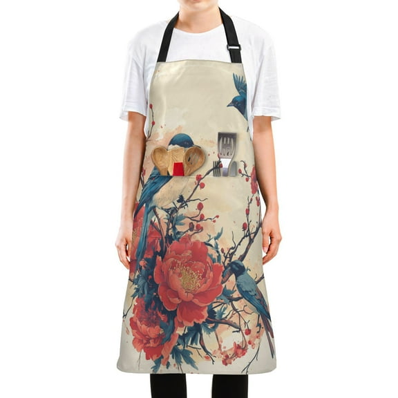 WOBOGO Blue Magpie Long Apron Waterdrop Resistant with 2 Pockets Cooking Kitchen Chef Apron for Women Men