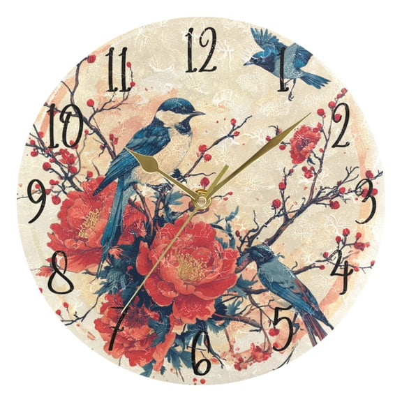 WOBOGO Blue Magpie Wall Clock 10in Silent Mechanism Battery Operated Retro Style for Living Room Bedroom and Kitchen Gold Pointer