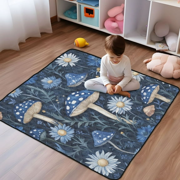 WOBOGO Blue Mushroom Baby Playmats Extra Large Waterproof Rollable Activity Pads for Toddlers 5050inch