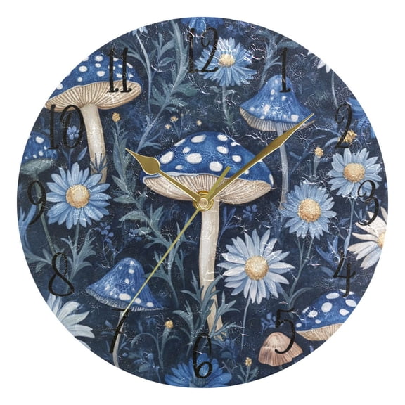 WOBOGO Blue Mushroom Wall Clock 10in Silent Mechanism Battery Operated Retro Style for Living Room Bedroom and Kitchen Gold Pointer